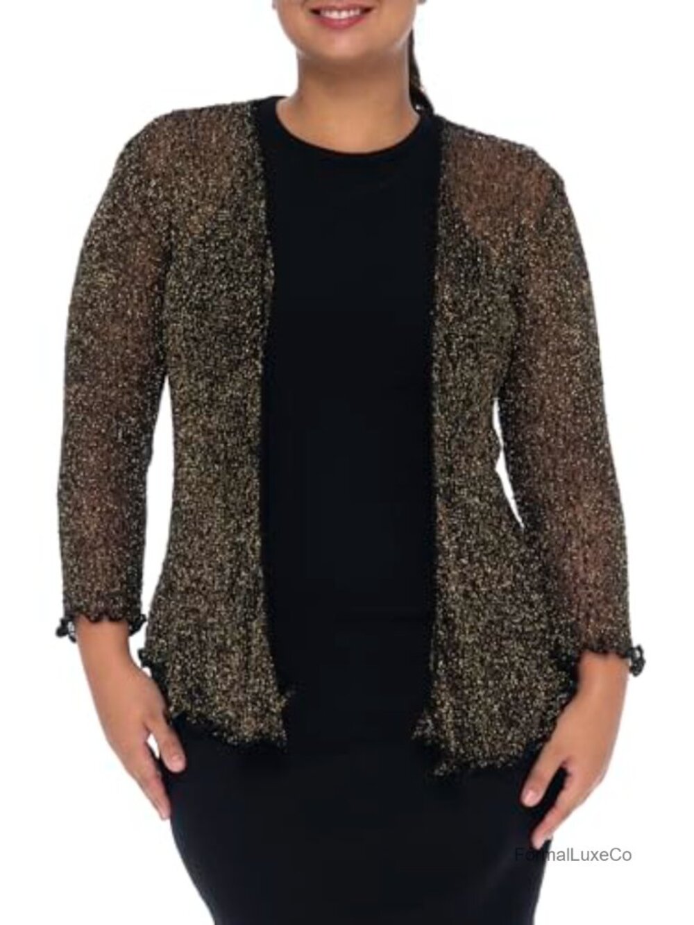 Plus Size Sheer Mesh Knit Shrug Cardigan 3/4 Sleeve Tie Front